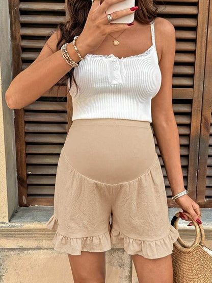 Maternity Black Ruffle Hem Casual Shorts with Adjustable Elastic Waist, 100% Cotton Loose Fit Pregnancy Beach Shorts for Summer