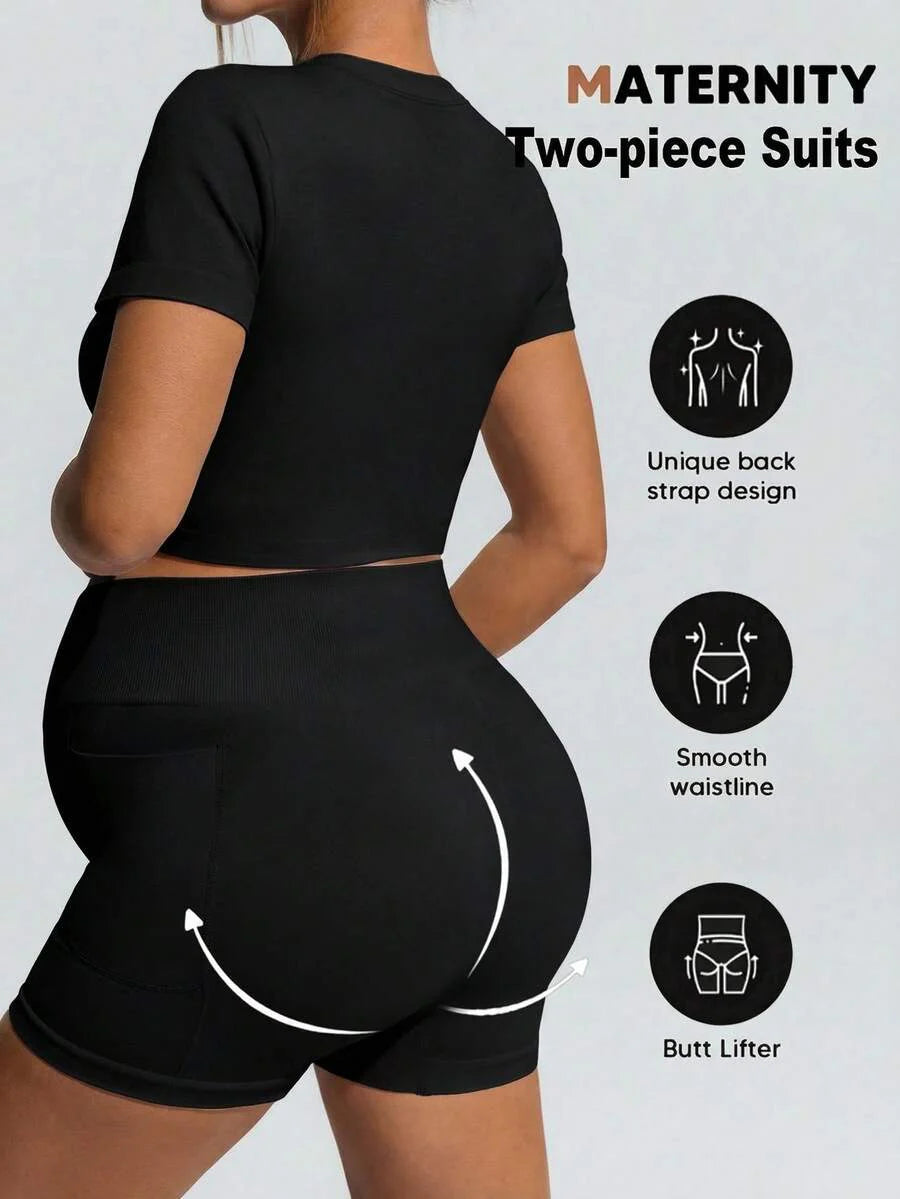Maternity Sports Set - Round Neck Cropped Tee and Shorts, Black