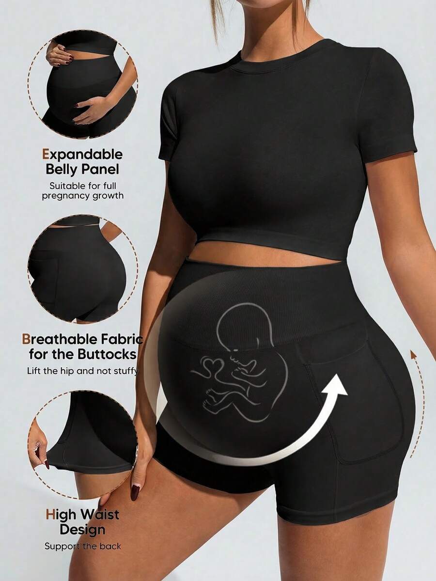 Baby Blue Maternity Sports Set - Micro Crop Short Sleeve T-Shirt and High Waist Double Waistband Shorts - High Stretch Slim Fit Athletic Wear