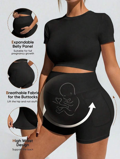 Baby Blue Maternity Sports Set - Micro Crop Short Sleeve T-Shirt and High Waist Double Waistband Shorts - High Stretch Slim Fit Athletic Wear