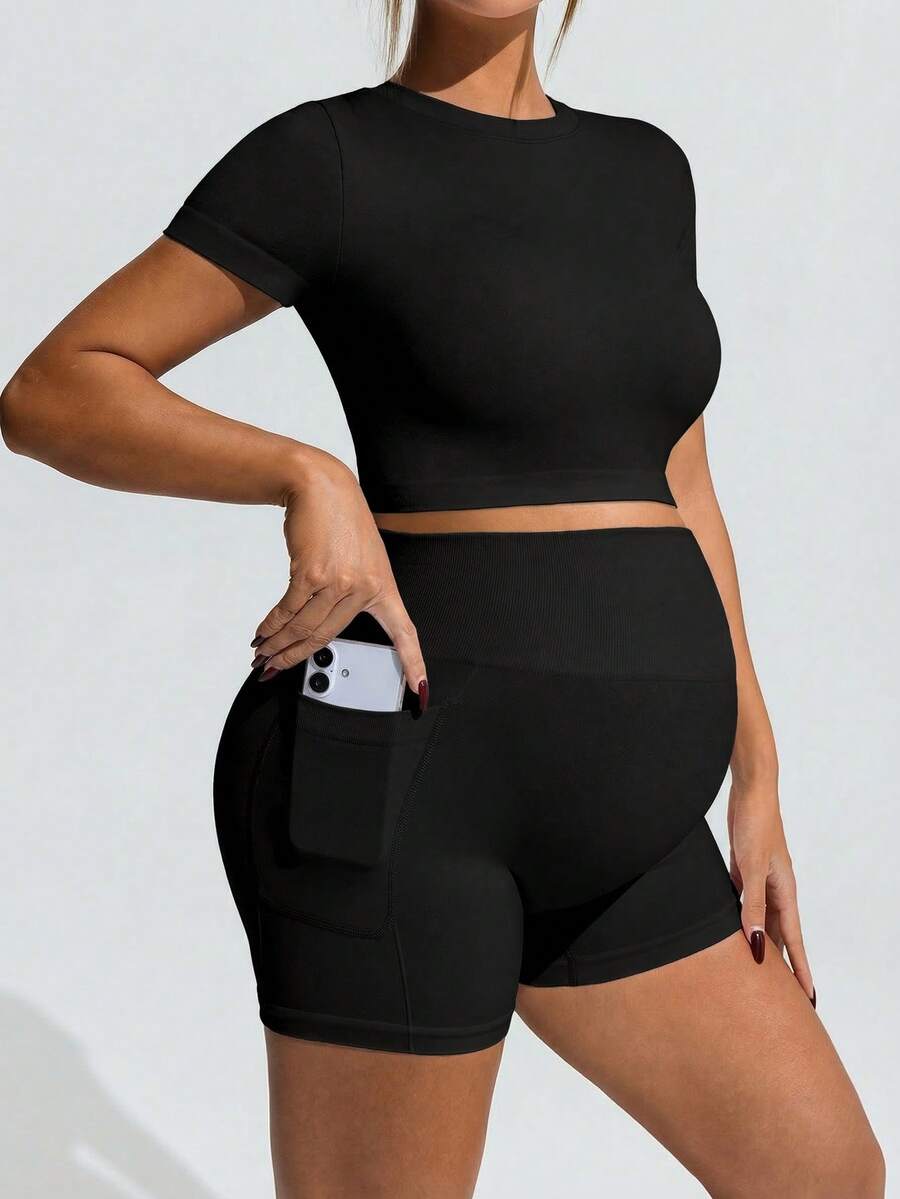 Baby Blue Maternity Sports Set - Micro Crop Short Sleeve T-Shirt and High Waist Double Waistband Shorts - High Stretch Slim Fit Athletic Wear