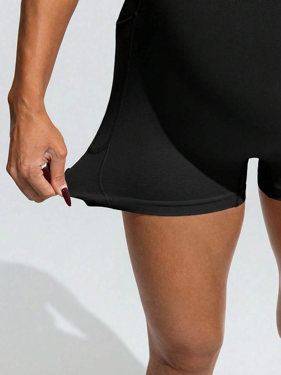 Maternity Sports Set - Round Neck Cropped Tee and Shorts, Black