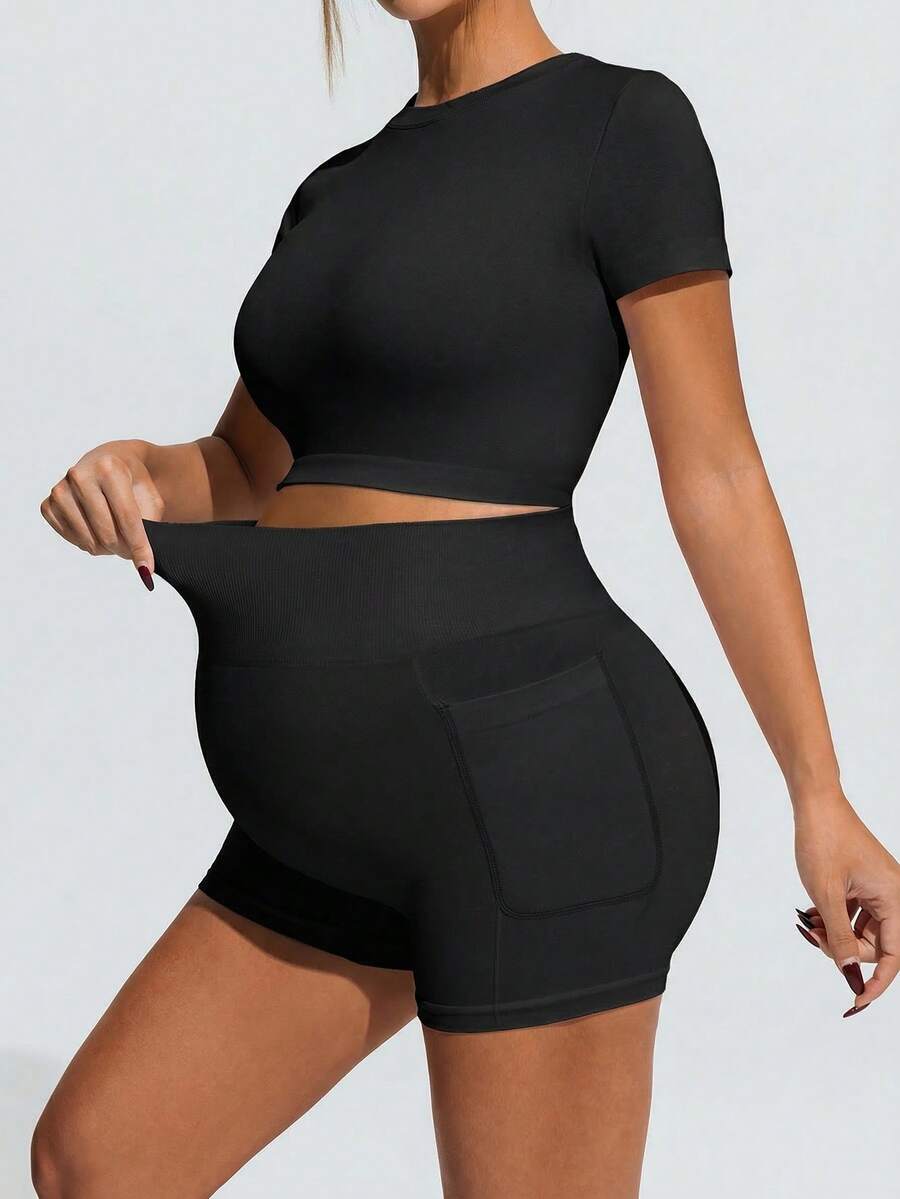 Baby Blue Maternity Sports Set - Micro Crop Short Sleeve T-Shirt and High Waist Double Waistband Shorts - High Stretch Slim Fit Athletic Wear