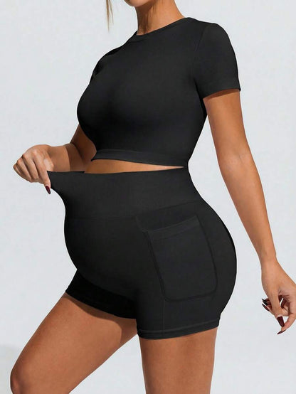 Baby Blue Maternity Sports Set - Micro Crop Short Sleeve T-Shirt and High Waist Double Waistband Shorts - High Stretch Slim Fit Athletic Wear