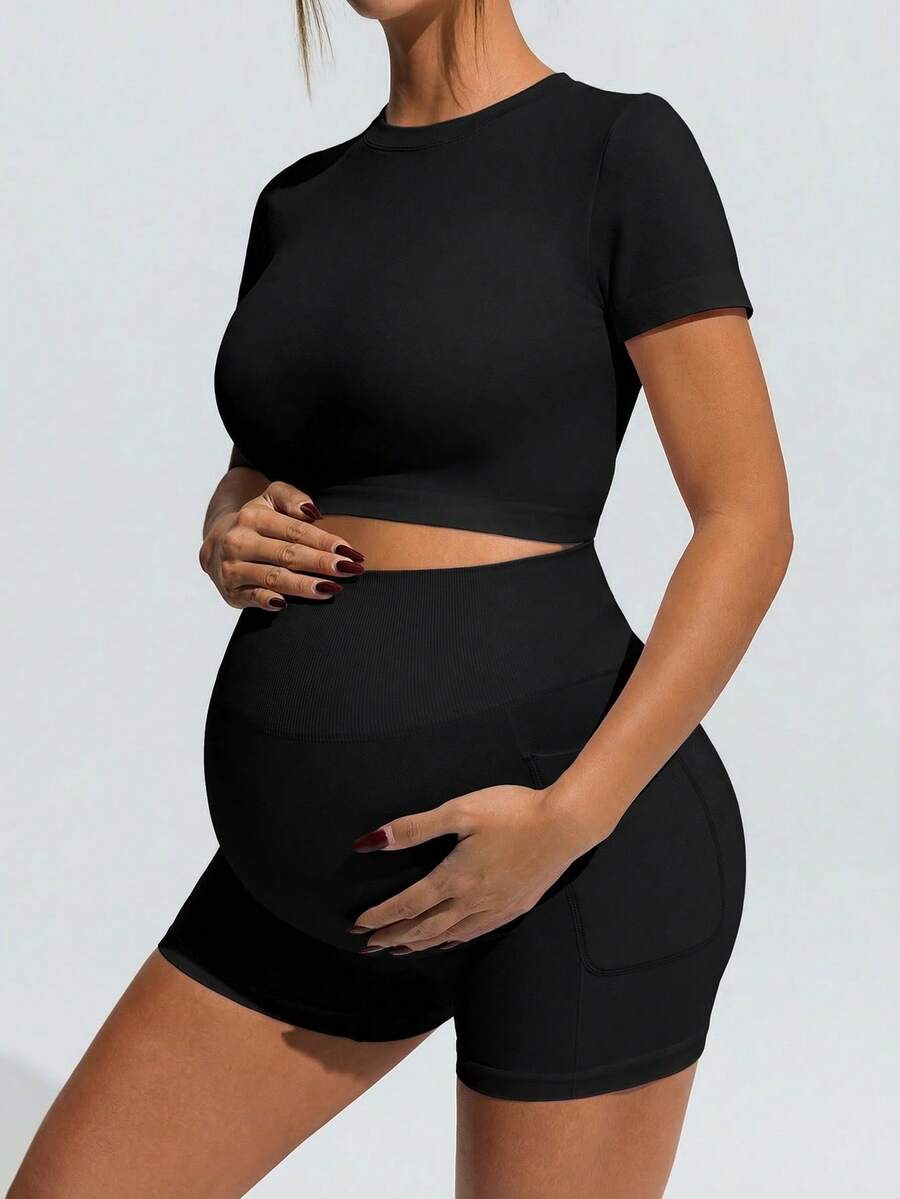 Baby Blue Maternity Sports Set - Micro Crop Short Sleeve T-Shirt and High Waist Double Waistband Shorts - High Stretch Slim Fit Athletic Wear