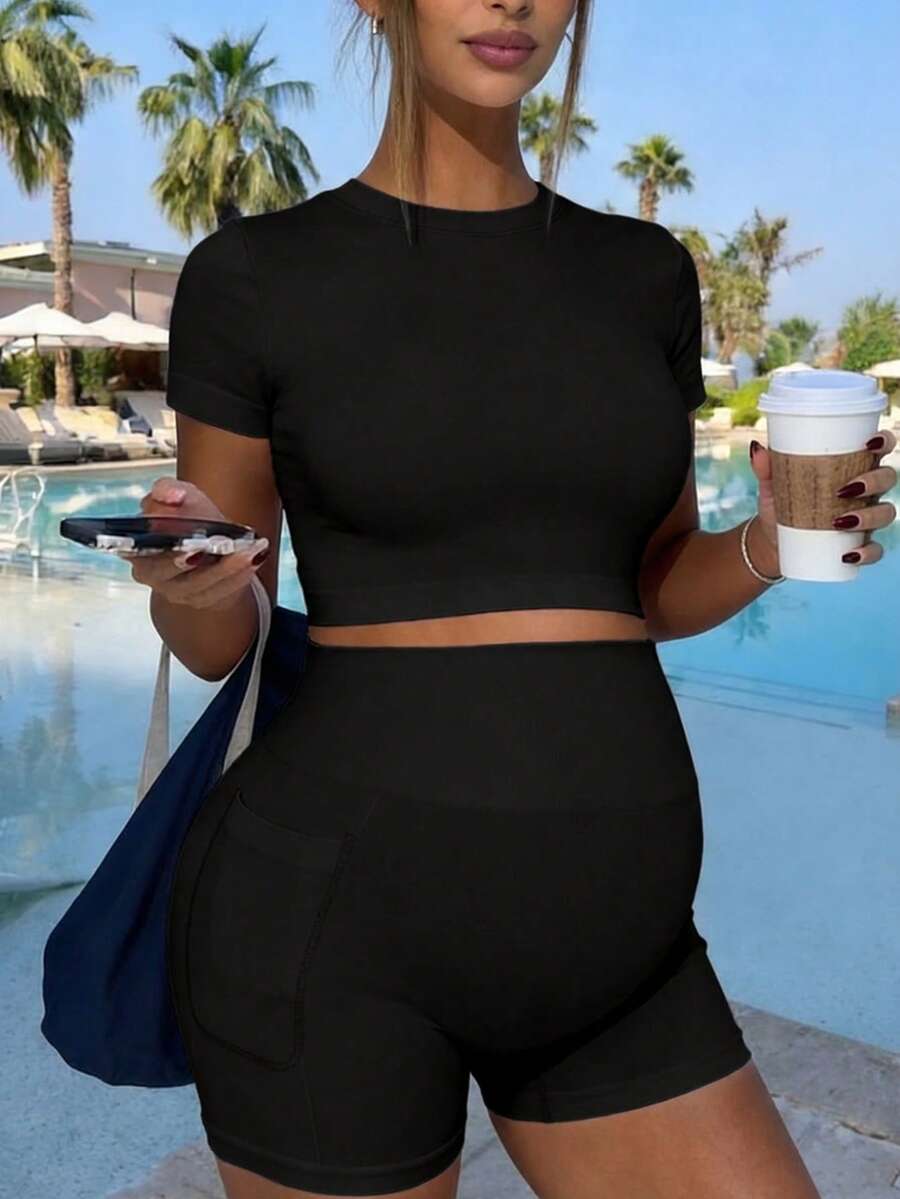 Baby Blue Maternity Sports Set - Micro Crop Short Sleeve T-Shirt and High Waist Double Waistband Shorts - High Stretch Slim Fit Athletic Wear