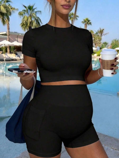 Baby Blue Maternity Sports Set - Micro Crop Short Sleeve T-Shirt and High Waist Double Waistband Shorts - High Stretch Slim Fit Athletic Wear