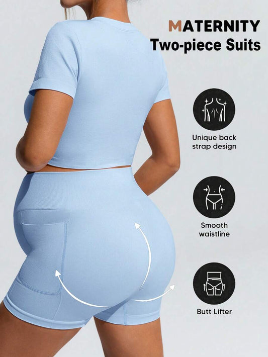 Baby Blue Maternity Sports Set - Micro Crop Short Sleeve T-Shirt and High Waist Double Waistband Shorts - High Stretch Slim Fit Athletic Wear