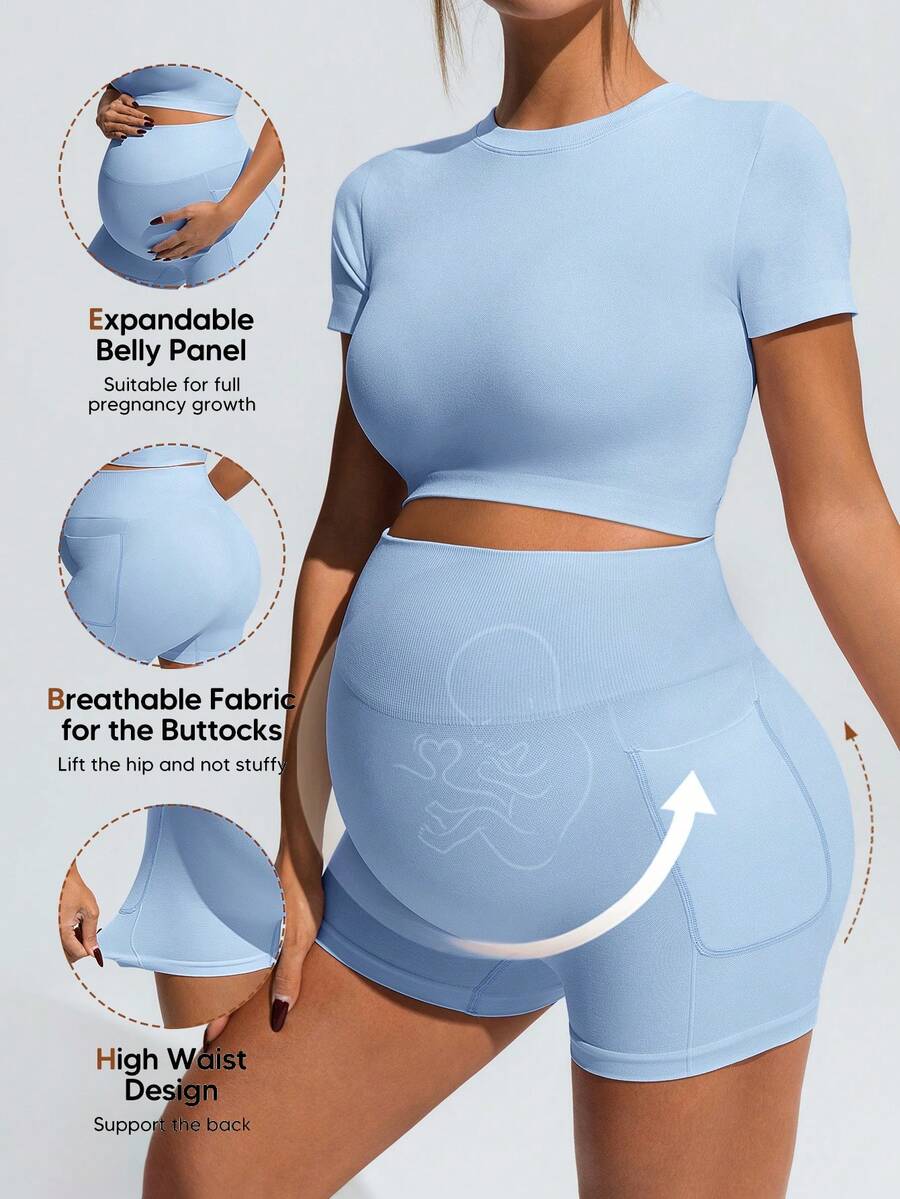 Baby Blue Maternity Sports Set - Micro Crop Short Sleeve T-Shirt and High Waist Double Waistband Shorts - High Stretch Slim Fit Athletic Wear