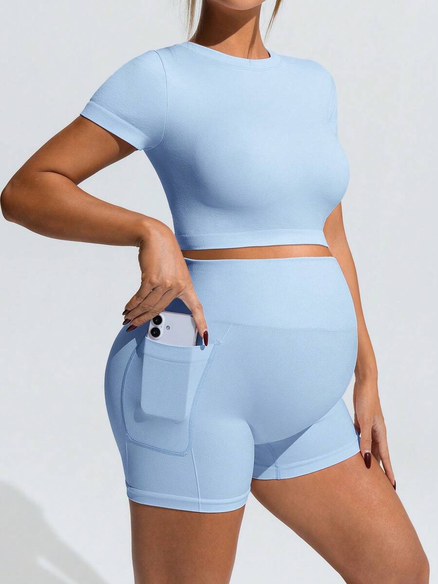 Baby Blue Maternity Sports Set - Micro Crop Short Sleeve T-Shirt and High Waist Double Waistband Shorts - High Stretch Slim Fit Athletic Wear