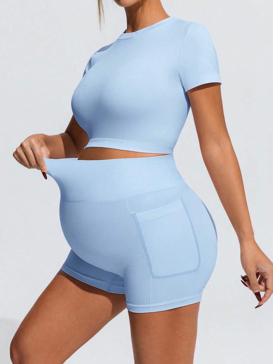 Baby Blue Maternity Sports Set - Micro Crop Short Sleeve T-Shirt and High Waist Double Waistband Shorts - High Stretch Slim Fit Athletic Wear