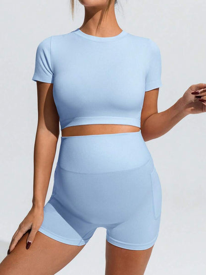 Maternity Sports Set - Round Neck Cropped Tee and Shorts, Black