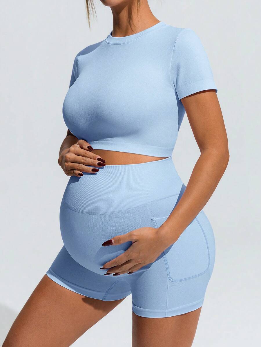 Maternity Sports Set - Round Neck Cropped Tee and Shorts, Black