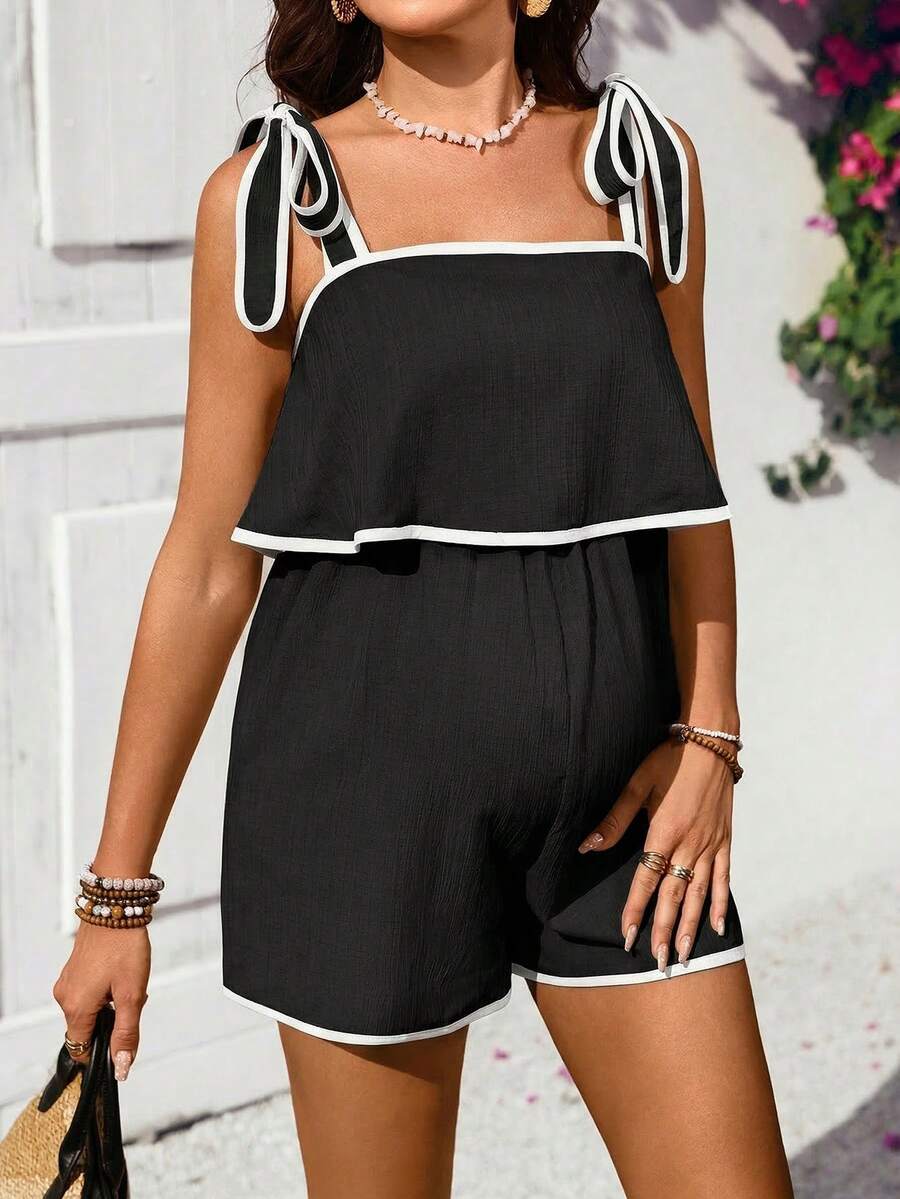 Black Contrast Binding Maternity Jumpsuit - Knotted Shoulder Sleeveless Short Romper - Summer High Waist Loose Fit Casual One Piece