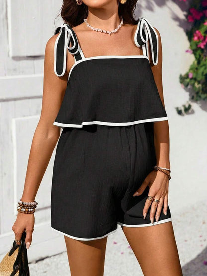 Black Contrast Binding Maternity Jumpsuit - Knotted Shoulder Sleeveless Short Romper - Summer High Waist Loose Fit Casual One Piece