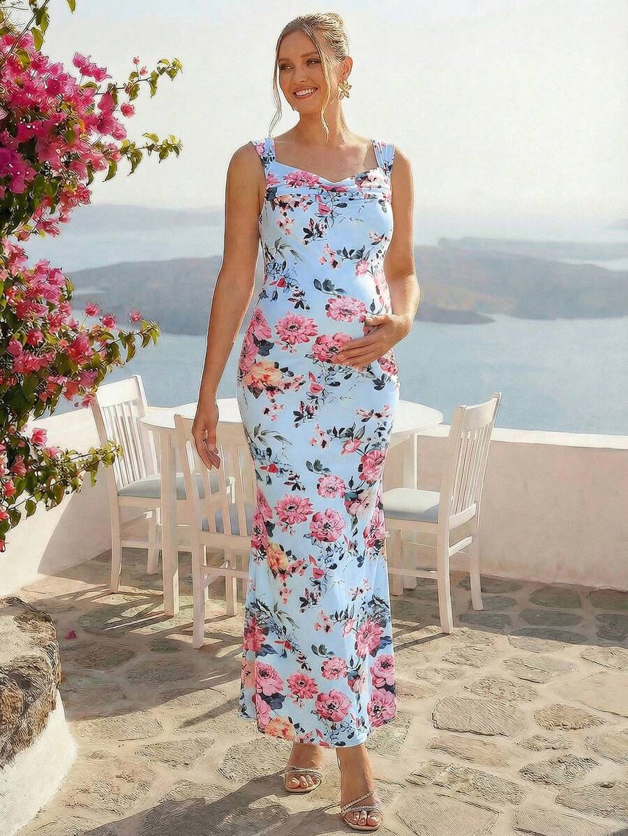 Maternity Floral Print Sweetheart Neck Elegant Sleeveless Bodycon Mermaid Dress for Baby Shower and Gender Reveal