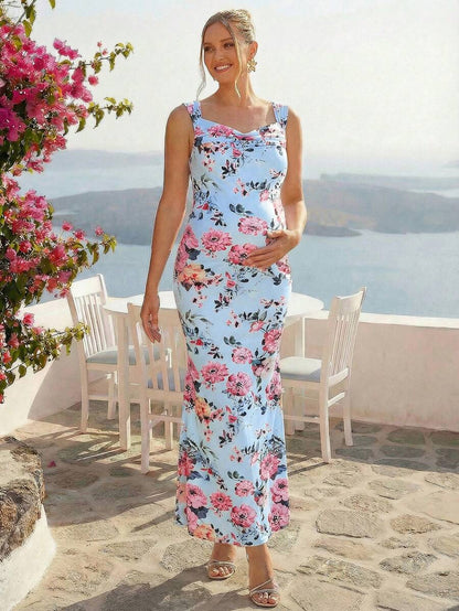 Maternity Floral Print Sweetheart Neck Elegant Sleeveless Bodycon Mermaid Dress for Baby Shower and Gender Reveal