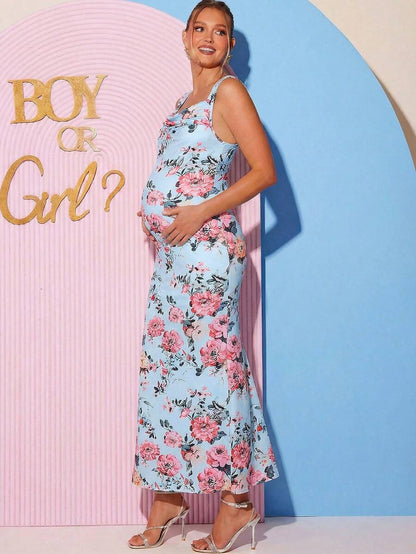 Maternity Floral Print Sweetheart Neck Elegant Sleeveless Bodycon Mermaid Dress for Baby Shower and Gender Reveal