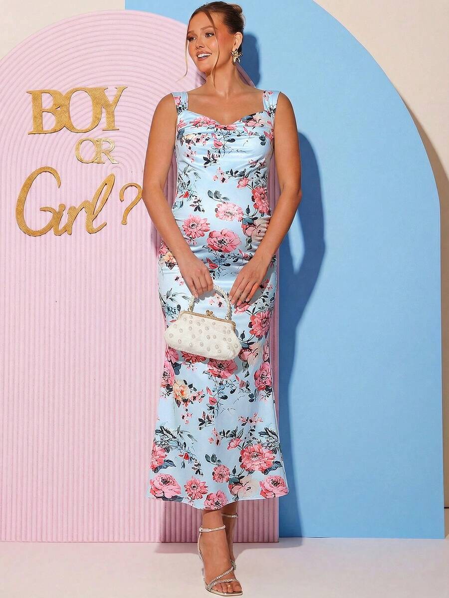 Maternity Floral Print Sweetheart Neck Elegant Sleeveless Bodycon Mermaid Dress for Baby Shower and Gender Reveal
