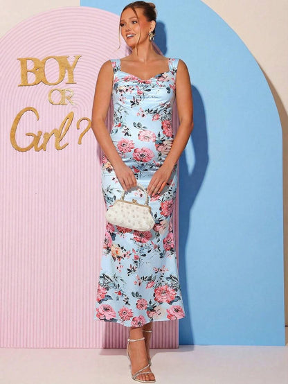Maternity Floral Print Sweetheart Neck Elegant Sleeveless Bodycon Mermaid Dress for Baby Shower and Gender Reveal
