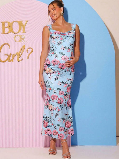 Maternity Floral Print Sweetheart Neck Elegant Sleeveless Bodycon Mermaid Dress for Baby Shower and Gender Reveal