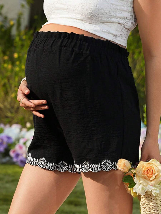 Black Floral Embroidery Maternity Summer Shorts – High Waist Elastic Adjustable Loose Fit Mini Track Shorts for Vacation & Casual Wear