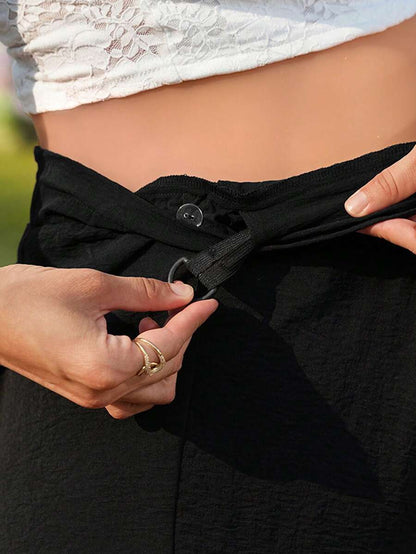 Black Floral Embroidery Maternity Summer Shorts – High Waist Elastic Adjustable Loose Fit Mini Track Shorts for Vacation & Casual Wear