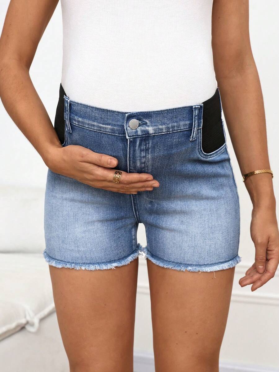Maternity Blue Denim Skinny Mini Shorts with Elastic Over-Bump Support - Medium Stretch Comfort Fit Denim Shorts with Pockets
