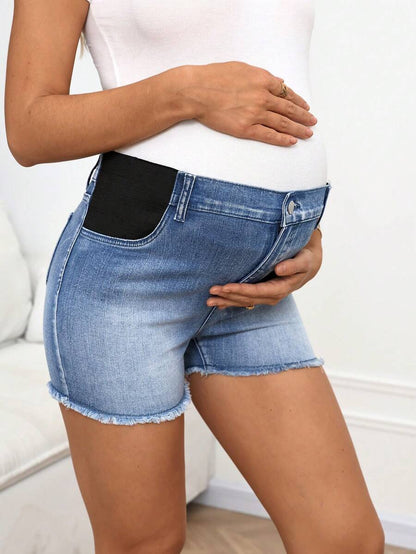 Maternity Blue Denim Skinny Mini Shorts with Elastic Over-Bump Support - Medium Stretch Comfort Fit Denim Shorts with Pockets