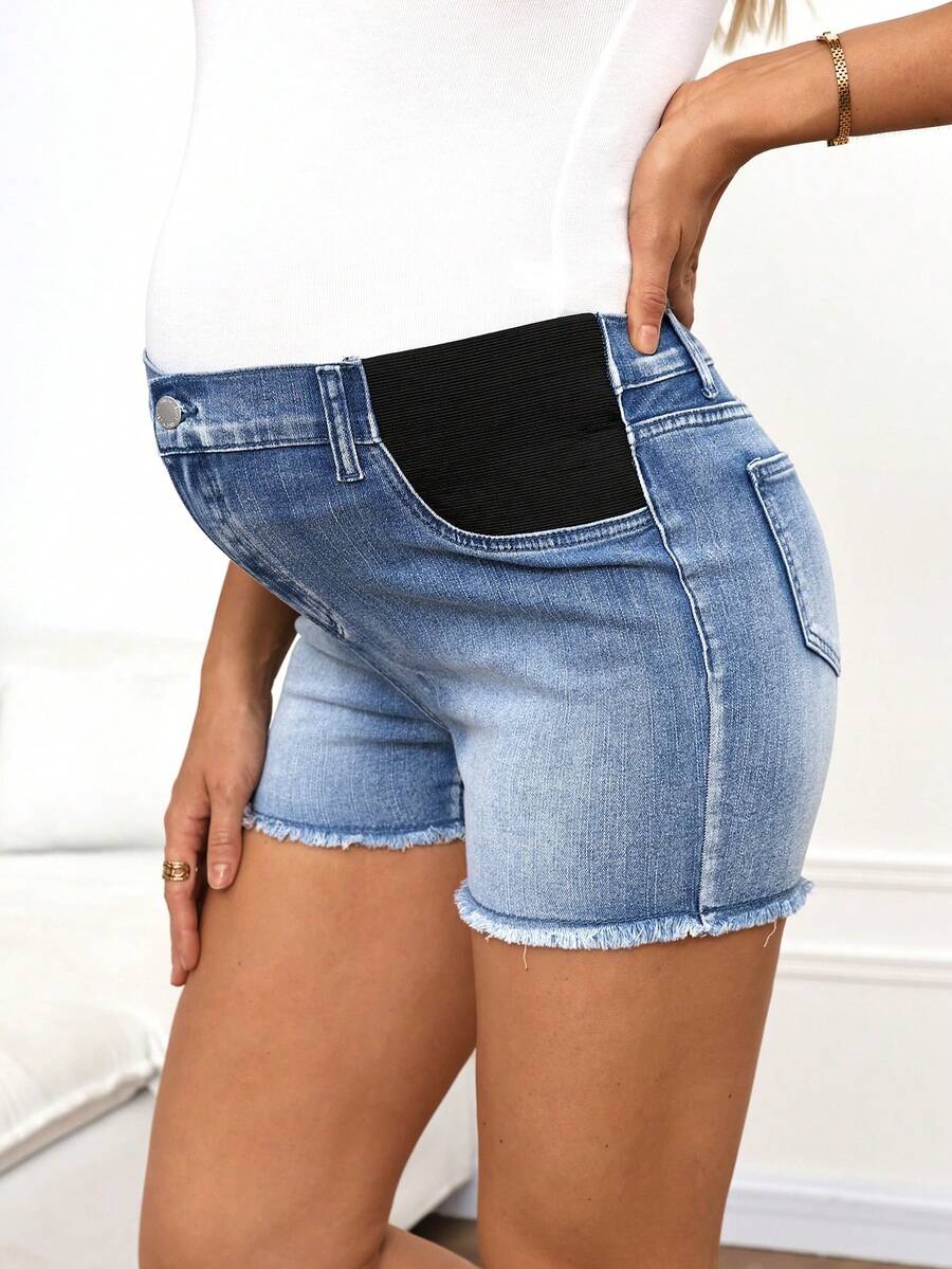 Maternity Blue Denim Skinny Mini Shorts with Elastic Over-Bump Support - Medium Stretch Comfort Fit Denim Shorts with Pockets