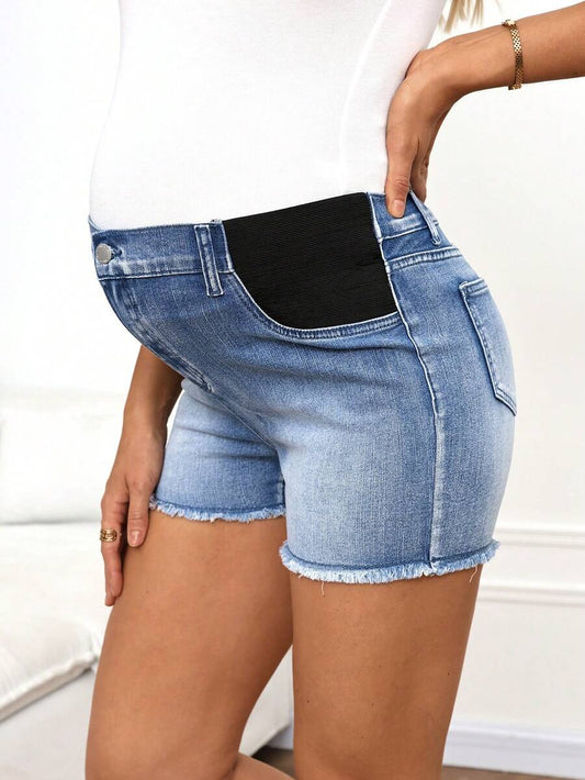 Maternity Blue Denim Skinny Mini Shorts with Elastic Over-Bump Support - Medium Stretch Comfort Fit Denim Shorts with Pockets