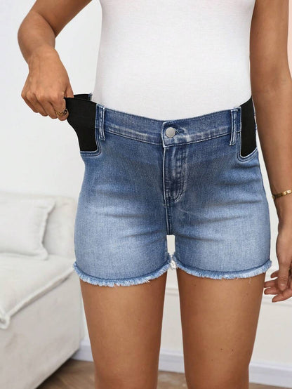 Maternity Blue Denim Skinny Mini Shorts with Elastic Over-Bump Support - Medium Stretch Comfort Fit Denim Shorts with Pockets