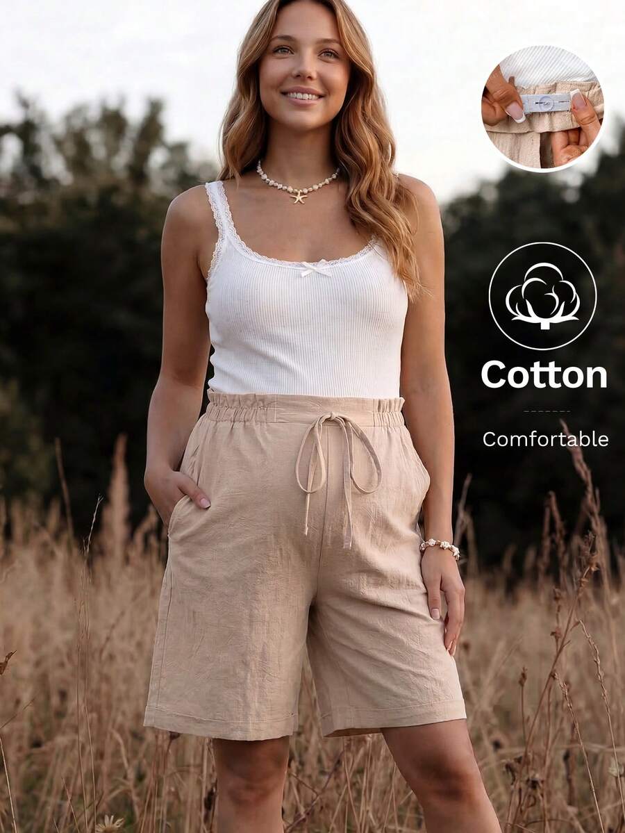 Khaki Cotton Maternity Bermuda Shorts - Adjustable High Waist Drawstring Summer Shorts with Pockets for Casual Beach Vacations