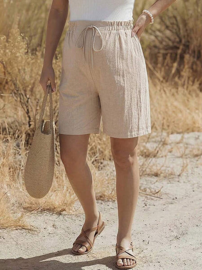 Khaki Cotton Maternity Bermuda Shorts - Adjustable High Waist Drawstring Summer Shorts with Pockets for Casual Beach Vacations