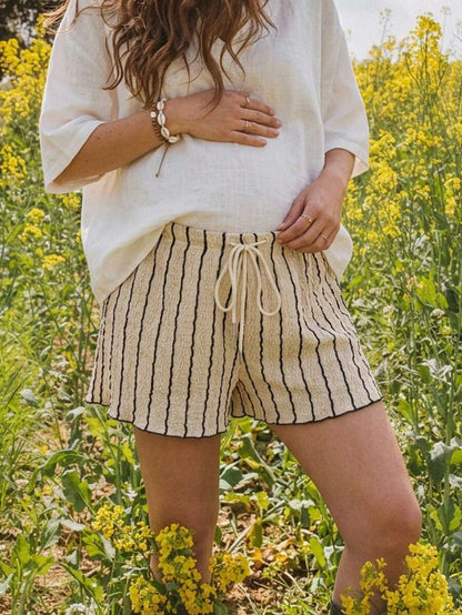Maternity Apricot Striped Twist Front Vacation Shorts - Ultra High Waist Elastic Drawstring Beach Shorts