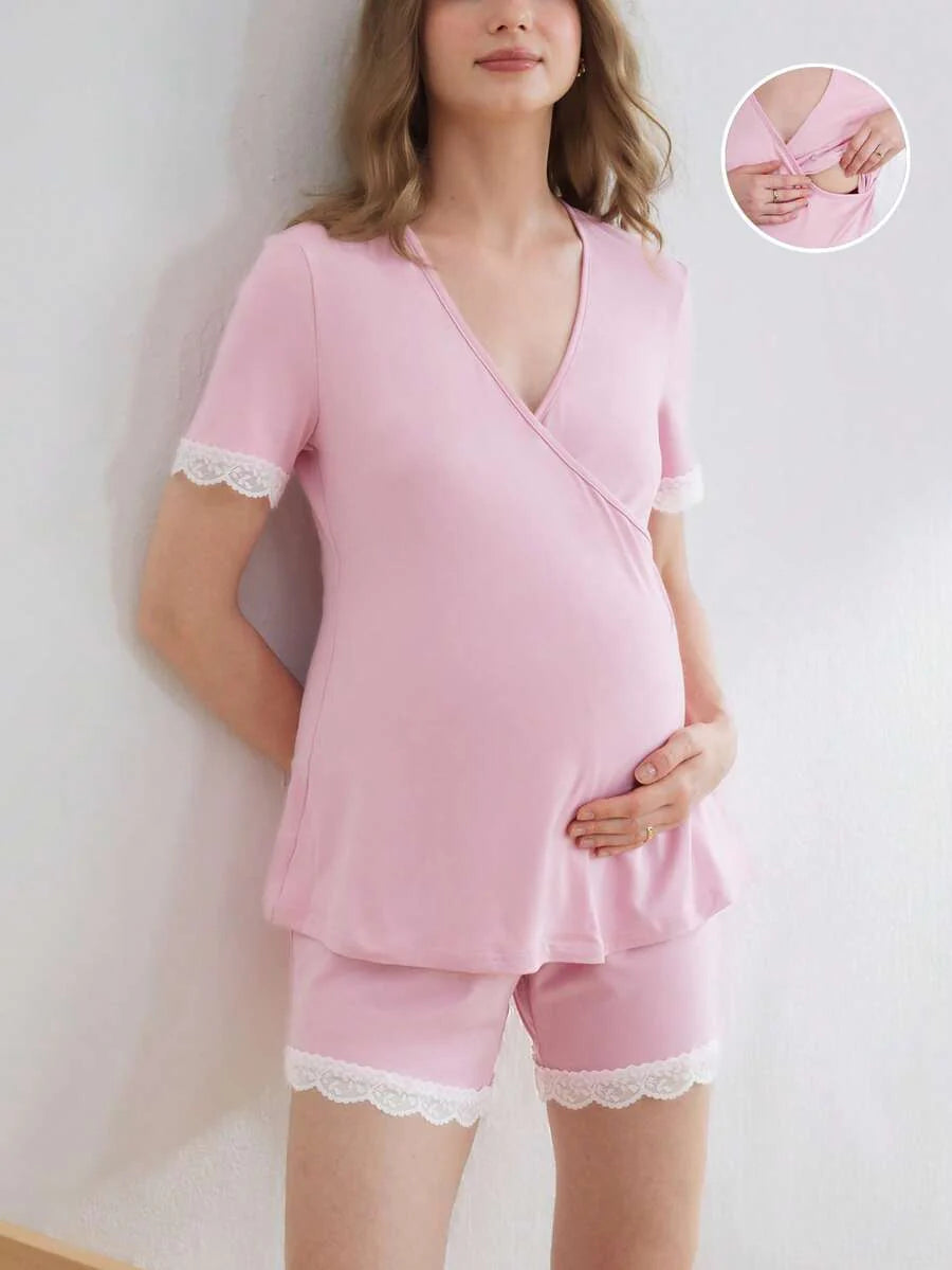 Maternity V-Neck Nursing Pajama Set Women Solid Color Top and Shorts Casual Loungewear Sleepwear