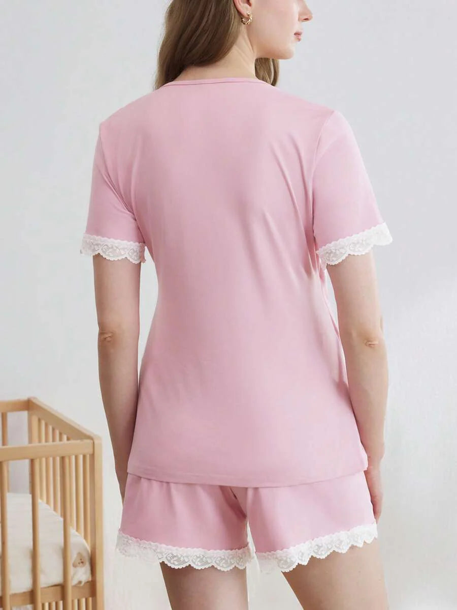 Maternity V-Neck Nursing Pajama Set Women Solid Color Top and Shorts Casual Loungewear Sleepwear