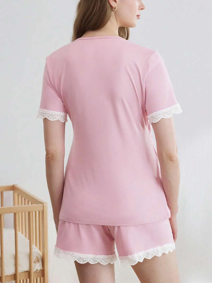 Maternity V-Neck Nursing Pajama Set Women Solid Color Top and Shorts Casual Loungewear Sleepwear