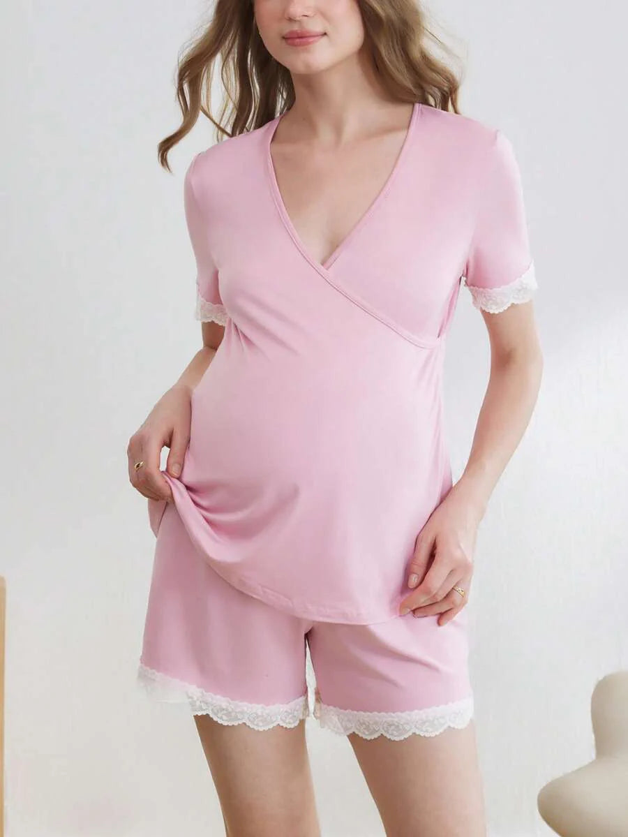 Maternity V-Neck Nursing Pajama Set Women Solid Color Top and Shorts Casual Loungewear Sleepwear
