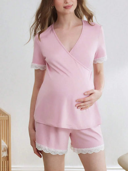 Maternity V-Neck Nursing Pajama Set Women Solid Color Top and Shorts Casual Loungewear Sleepwear