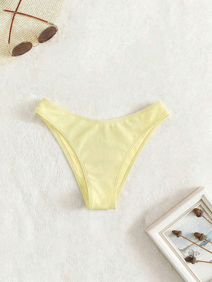 Swim Vcay Summer Beach Plain Ribbed Knit Bikini Bottom