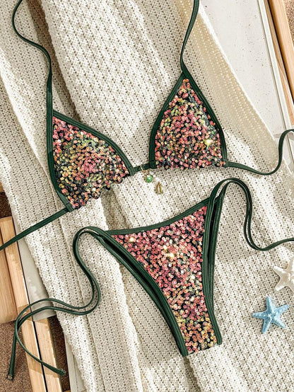 Women's 2-Piece Boho Halter Bikini Set - Tie Side, Floral Print, Blue and White