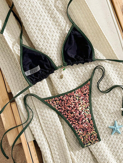 Women's 2-Piece Boho Halter Bikini Set - Tie Side, Floral Print, Blue and White