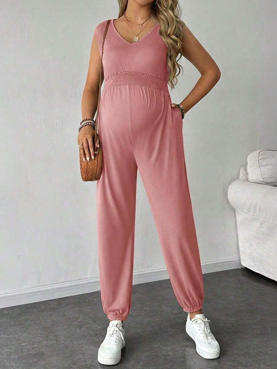 Solid Color Sleeveless Casual Jumpsuit For Pregnant Women, Daily Wear, For Maternity