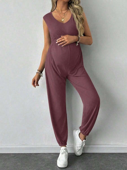Solid Color Sleeveless Casual Jumpsuit For Pregnant Women, Daily Wear, For Maternity