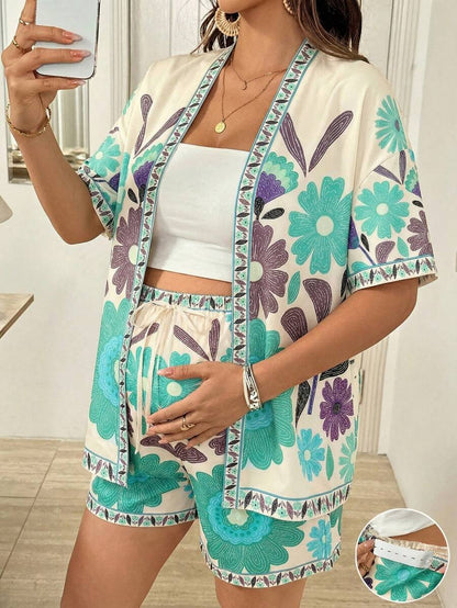 Maternity Floral Print Kimono Cardigan and Adjustable Shorts 2 Piece Set Boho Long Sleeve Summer Beach Vacation Maternity Outfit