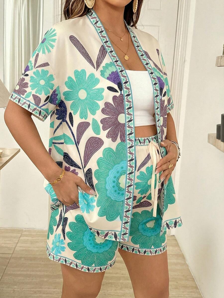 Maternity Floral Print Kimono Cardigan and Adjustable Shorts 2 Piece Set Boho Long Sleeve Summer Beach Vacation Maternity Outfit