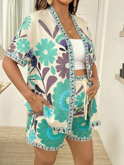 Maternity Floral Print Kimono Cardigan and Adjustable Shorts 2 Piece Set Boho Long Sleeve Summer Beach Vacation Maternity Outfit