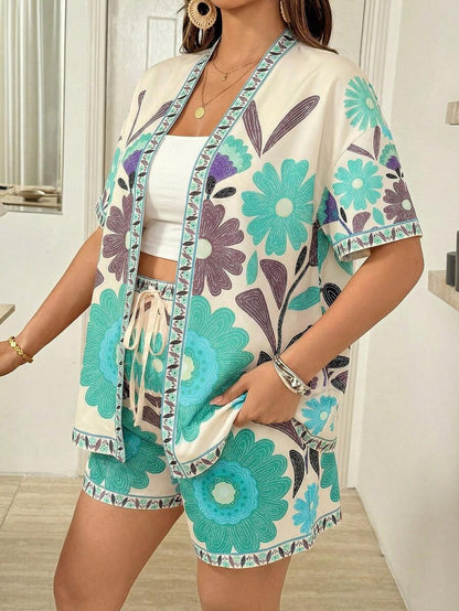Maternity Floral Print Kimono Cardigan and Adjustable Shorts 2 Piece Set Boho Long Sleeve Summer Beach Vacation Maternity Outfit