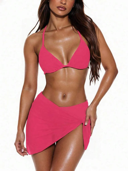Women's 3-Piece Solid Halter Bikini Set - Knot Detail, Skirt Cover-Up, Triangle Cup, Red